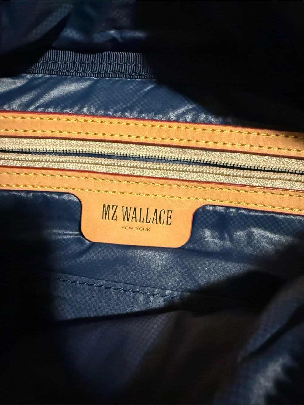 MZ Wallace Quilted Navy Blue Belt Bag with Tan Accents - Picture 5 of 6